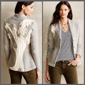 Rosie Neira Anthropologie Corsage Boiled Wool Blazer Grey Ivory Size XL